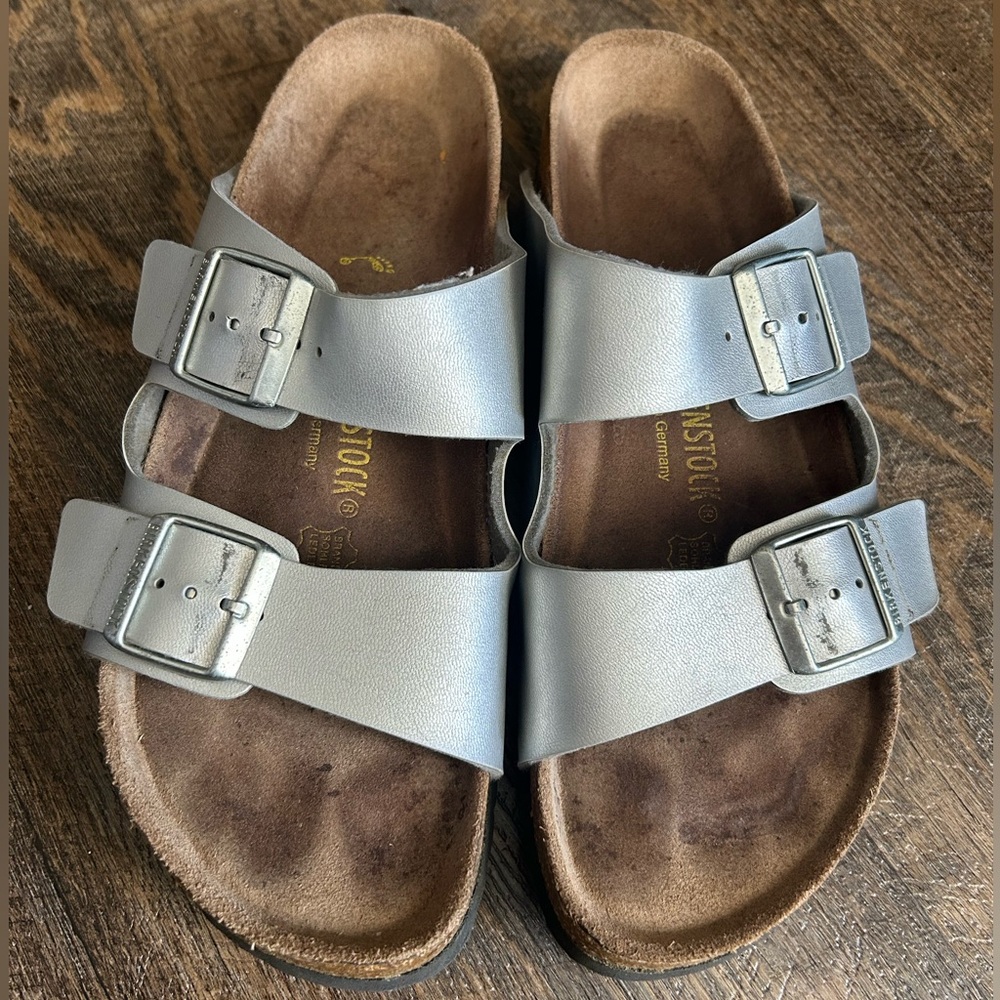 Birkenstock Arizona Silver Two Strap Slide Sandals size 42 US 11-11.5 Narrow